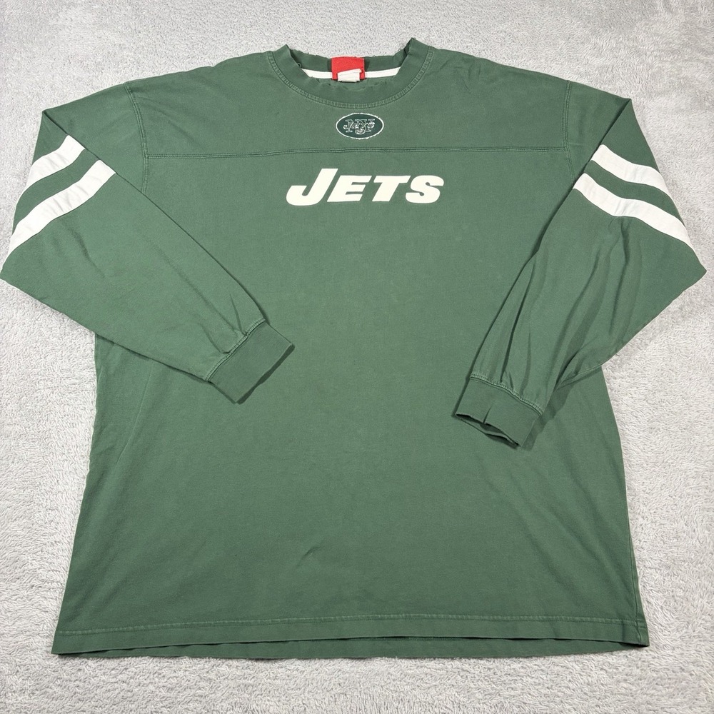 VINTAGE NY Jets Crewneck Shirt Mens 2XL Green Long Sleeve Distressed Faded NFL